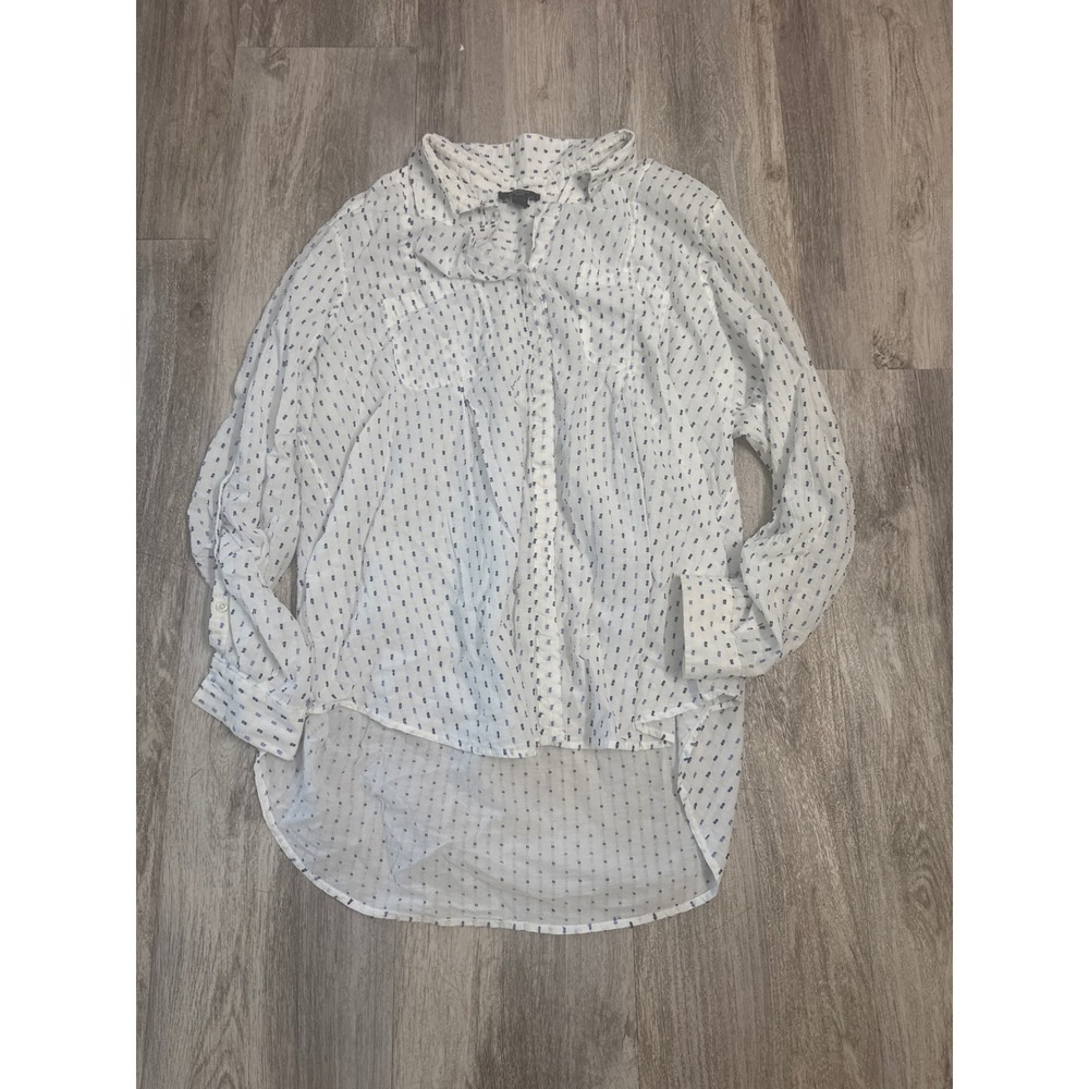 Lord & Taylor Woman 3X White Blue Clip Dot High Low Button Down Shirt Blouse
